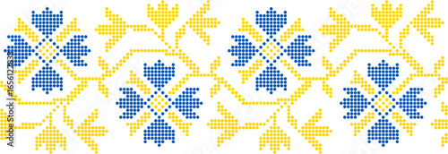 Vector illustration of Ukrainian floral ornament in ethnic style, identity, vyshyvanka, embroidery for print clothes, websites, banners. Background. Geometric design, border, copy space, frame