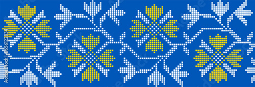 Vector illustration of Ukrainian floral ornament in ethnic style, identity, vyshyvanka, embroidery for print clothes, websites, banners. Background. Geometric design, border, copy space, frame