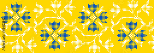 Vector illustration of Ukrainian floral ornament in ethnic style, identity, vyshyvanka, embroidery for print clothes, websites, banners. Background. Geometric design, border, copy space, frame