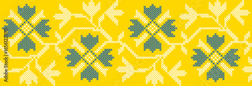 Vector illustration of Ukrainian floral ornament in ethnic style, identity, vyshyvanka, embroidery for print clothes, websites, banners. Background. Geometric design, border, copy space, frame