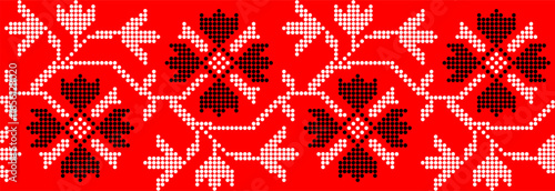 Vector illustration of Ukrainian floral ornament in ethnic style, identity, vyshyvanka, embroidery for print clothes, websites, banners. Background. Geometric design, border, copy space, frame