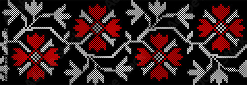 Vector illustration of Ukrainian floral ornament in ethnic style, identity, vyshyvanka, embroidery for print clothes, websites, banners. Background. Geometric design, border, copy space, frame