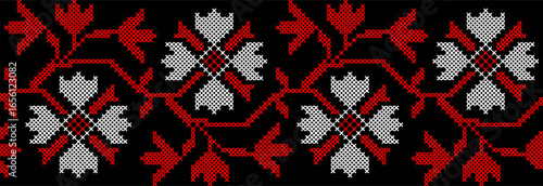 Vector illustration of Ukrainian floral ornament in ethnic style, identity, vyshyvanka, embroidery for print clothes, websites, banners. Background. Geometric design, border, copy space, frame