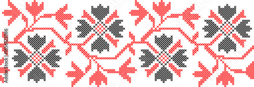 Vector illustration of Ukrainian floral ornament in ethnic style, identity, vyshyvanka, embroidery for print clothes, websites, banners. Background. Geometric design, border, copy space, frame