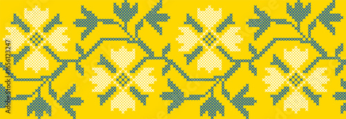 Vector illustration of Ukrainian floral ornament in ethnic style, identity, vyshyvanka, embroidery for print clothes, websites, banners. Background. Geometric design, border, copy space, frame