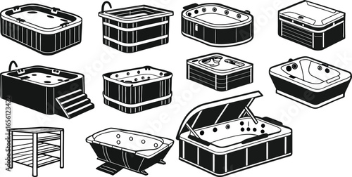Black Line Jacuzzi Icons Set including Flat Hot Tub Spa Bath and Relaxation Symbol Collection with Minimal Jacuzzi Icon Group for UI Web Wellness Water Therapy and Luxury Design Projects