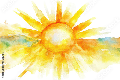 Watercolor sunburst with bright yellow and orange rays isolated on transparent background. Golden sun watercolor illustration featuring radiant sun rays in a vibrant isolated on white background.