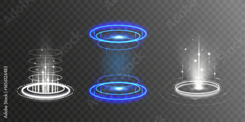 Virtual abstract futuristic portal hologram round circle square cyber realistic vector illustration set tech game laboratory