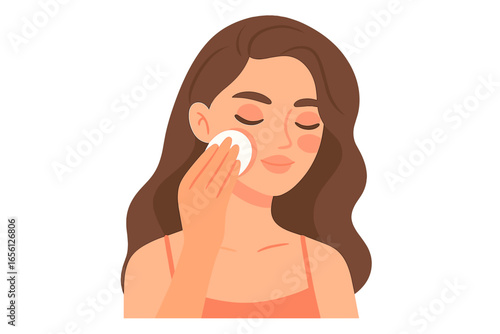 Young woman applying skincare product with cotton pad on face woman removing makeup