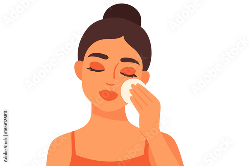 Young woman cleansing her face with cotton pad in a simple style woman removing makeup