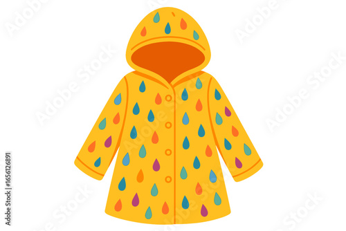 Yellow raincoat with colorful drops on white background raincoat with raindrops 