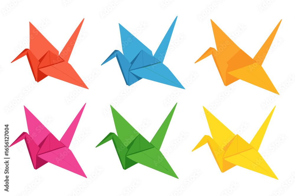 Fototapeta premium Colorful origami cranes in six vibrant colors on white background folded origami cranes