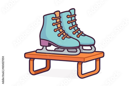 Ice skates displayed on a bench with colorful design ice skates on bench