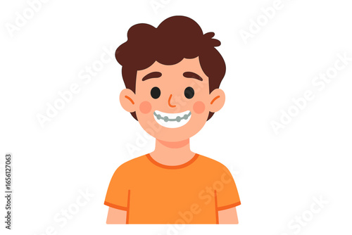 Happy young boy smiling while wearing an orange t-shirt teen with dental braces
