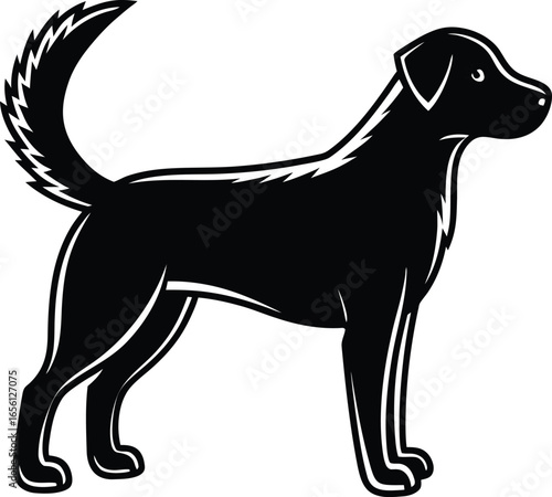 Black silhouette of a standing dog with a white outline on a white background animal