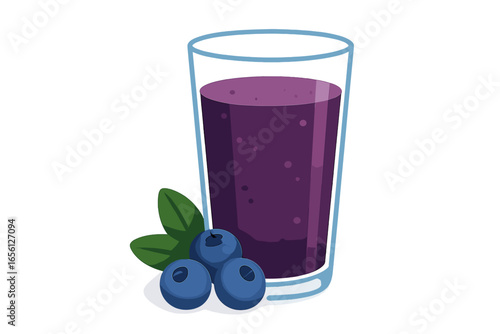 Blueberry smoothie in a glass with fresh blueberries and leaves glass of blueberry juice