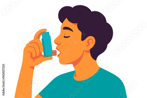 Young man using inhaler for asthma relief in colorful illustration person with asthma inhaler