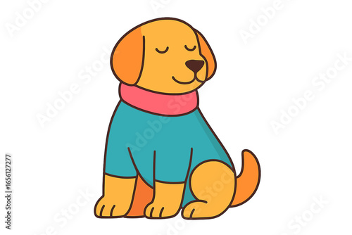 Cartoon dog sitting happily wearing a blue sweater and pink collar dog in winter coat