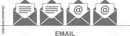 Row of four grey email icons with text and at symbols above the word EMAIL envelope letter