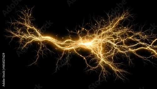 The image entitled ‘Golden Lightning Strike’ showcases a vibrant golden lightning bolt illuminating a dark background with its intense electric energy