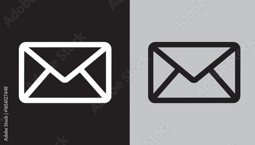 Two Envelope Icons One White on Black and One Black on Gray Background mail symbol