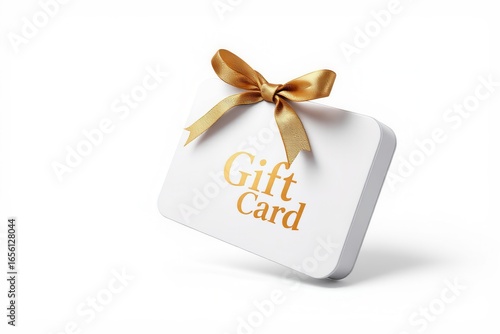 White gift card with golden ribbon bow isolated on white background