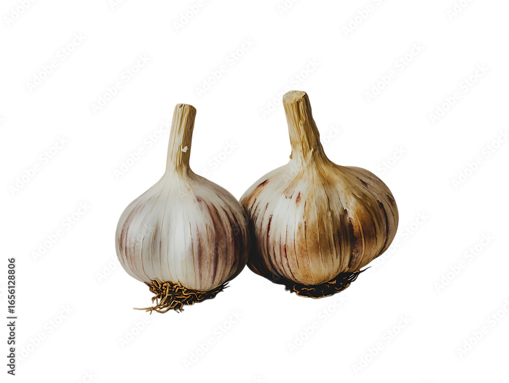Obraz premium Two whole garlic bulbs with papery skins and roots isolated on transparent background