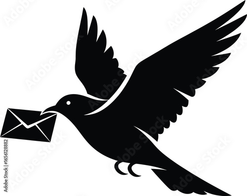 Silhouette of a bird carrying an envelope in its beak on a white background pigeon