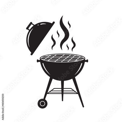 Black and white vector illustration of a bbq grill with smoke and open lid