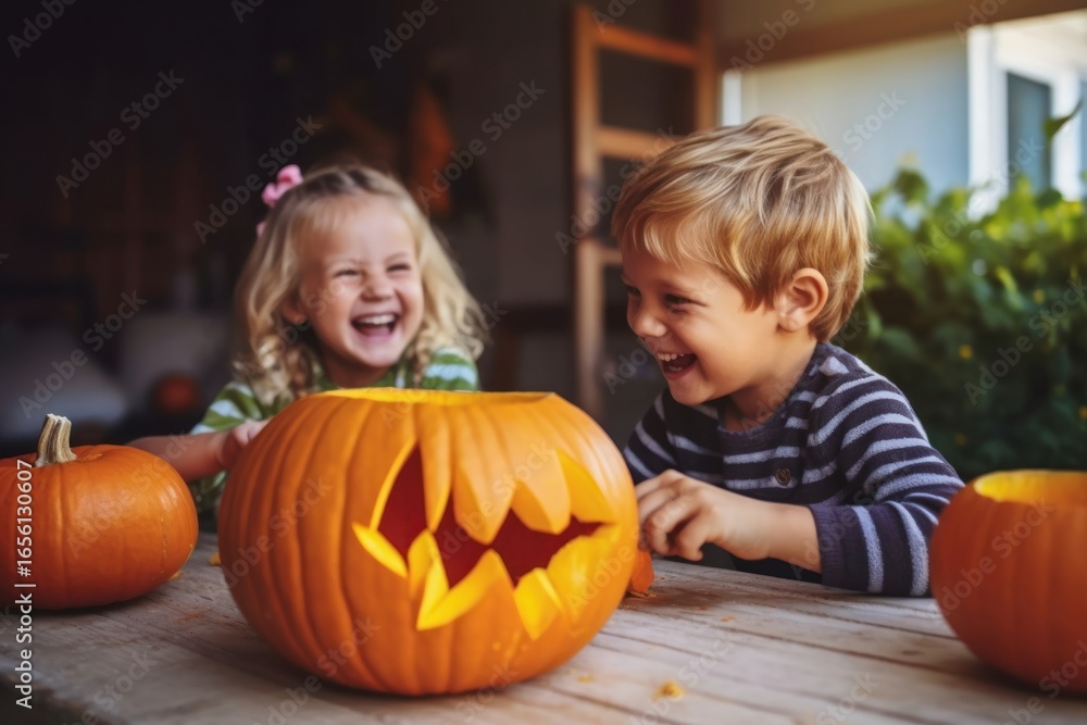 Fototapeta premium Children carving Halloween pumpkin.