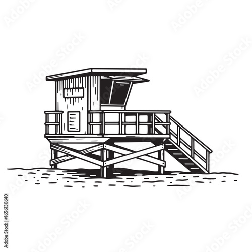 Classic black and white illustration of a lifeguard station on the sandy beach shoreline