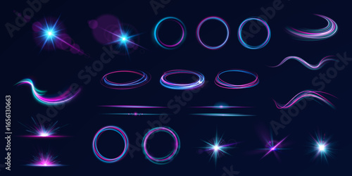 Neon glow sparkle effect line light motion speed blue wave abstract futuristic background bright design vector illustration