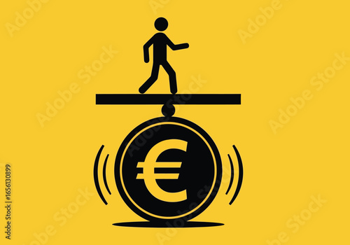 Person walking on a balance scale with a euro coin, symbolizing financial balance and economic stability