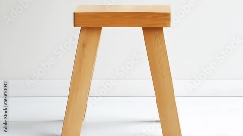 Elegant wooden stool on a white surface, capturing minimalist design. The stool features a light brown hue, clean lines, and a simple square seat design.