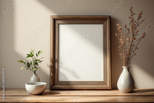Rustic wooden picture frame with blank space on table decor