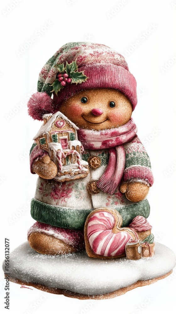 Fototapeta premium Gingerbread cookies in festive costumes – Christmas illustration set. Perfect for holiday cards, posters, wrapping paper, invitations, and seasonal digital designs..