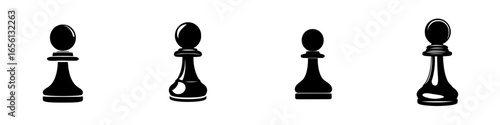 Various designs of black chess pawns showcased in a minimalist style for educational and artistic purposes