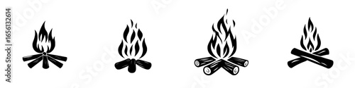 Wooden logs arranged with flames depicted in various styles for a cozy and warm campfire atmosphere on a white background