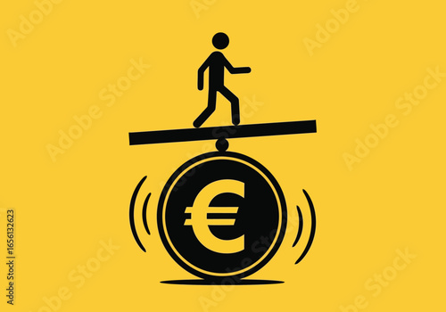 Person balancing on a euro coin seesaw, symbolizing financial risk and stability