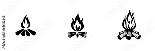 Stylized campfire illustrations featuring flames and wood for rustic designs and outdoor themes
