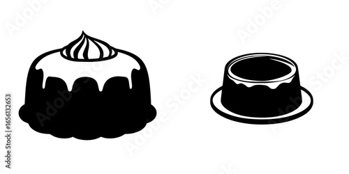 Sweet desserts on display featuring a whipped cream topped bundt cake and a smooth chocolate pudding dessert