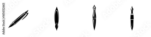 Various writing instruments displayed in a minimalistic design, highlighting their distinctive shapes and functions