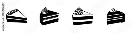 Various types of dessert cakes showcased in an artistic style featuring different layers and toppings at a bakery setting