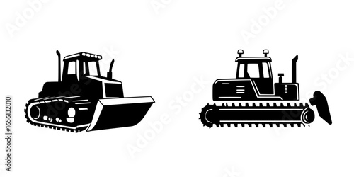 Heavy machinery models display with detailed designs showcasing bulldozer and crawler in solid black silhouette