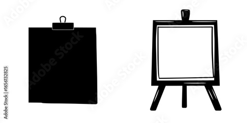 Art supplies for painting: a blank canvas on easel and sketch pad ready for creative expression