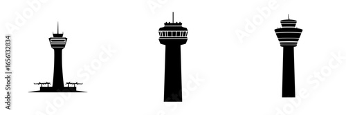 Illustrations of three distinct control towers showcasing various architectural designs at airports