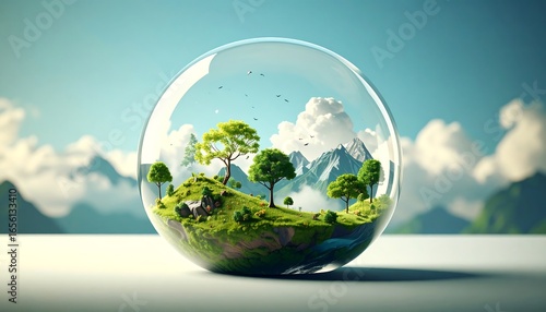 Miniature landscape within a glass sphere.