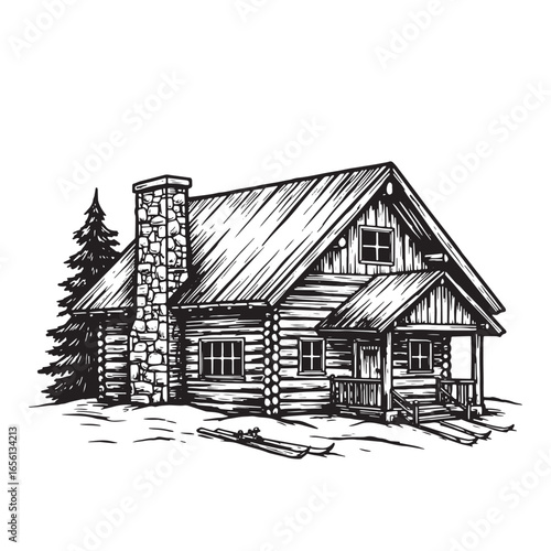 Hand drawn illustration of a cozy cabin in the winter with a stone chimney and skis