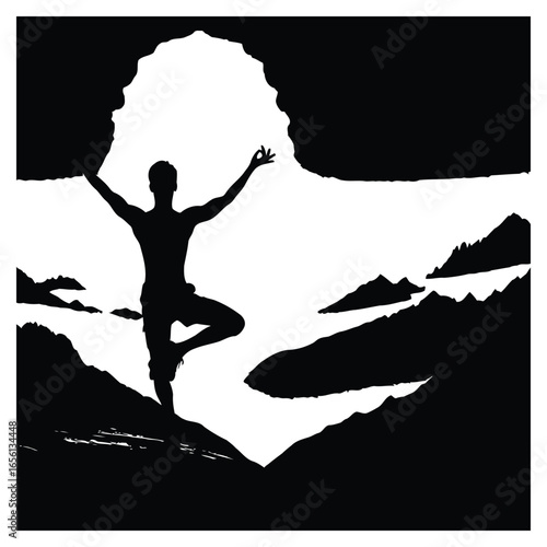 Black vector silhouette illustration of a man and woman jumping on a mountain