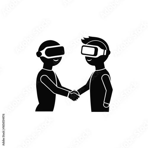 Two people in VR headsets shaking hands